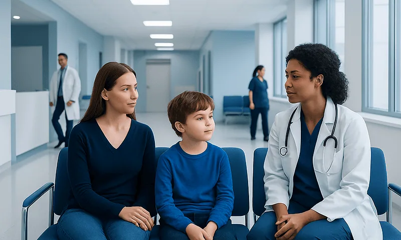 Doctor consulting with a young boy and his mother in a hospital corridor.
