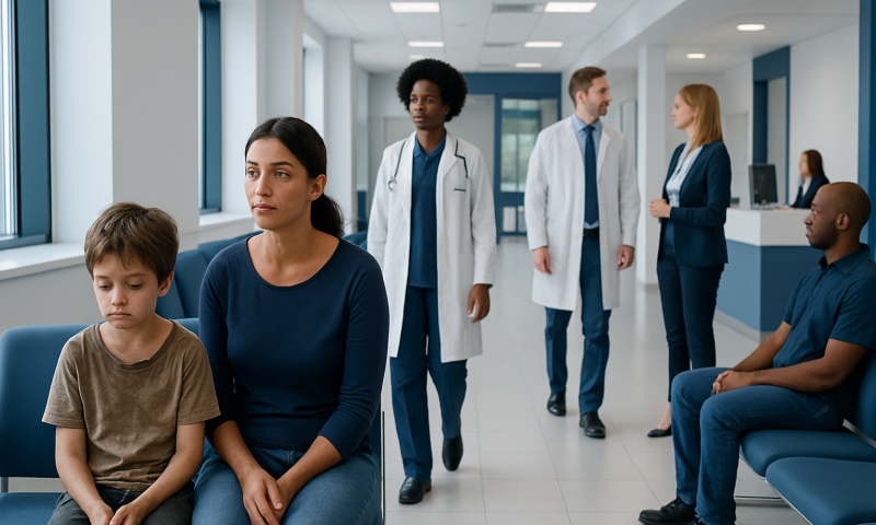 Children and healthcare professionals in a hospital waiting area.