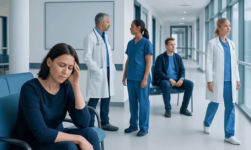 Patients and healthcare professionals in a hospital corridor.