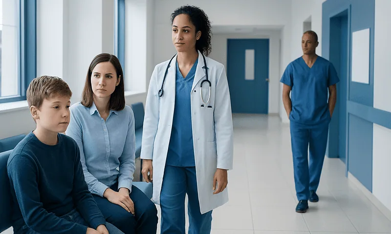 Children and healthcare professionals in a hospital corridor.
