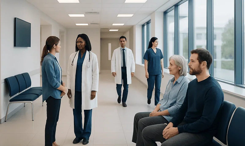What Is Fibromyalgia? Widespread Pain, Symptoms, and Diagnosis 7 Medical professionals and patients in a hospital corridor at Acibadem Hospitals Group.