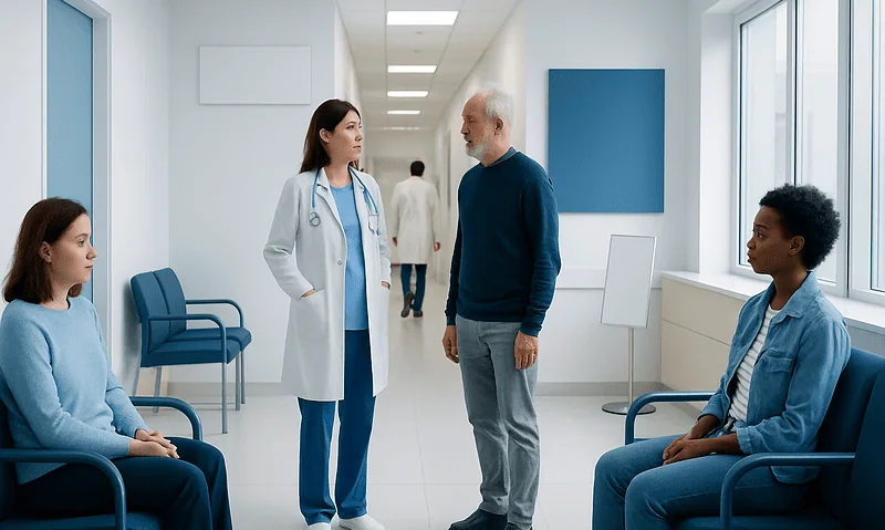 Doctor consulting with patients in a hospital corridor.