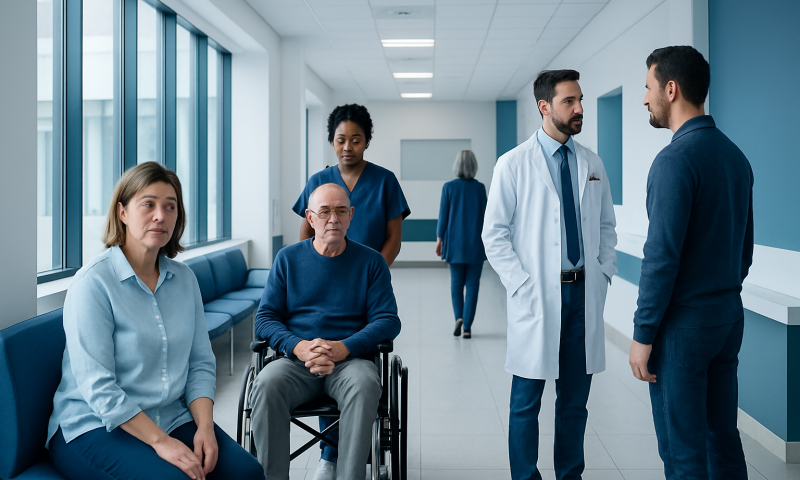 Patients and doctors in a hospital corridor discussing health concerns.