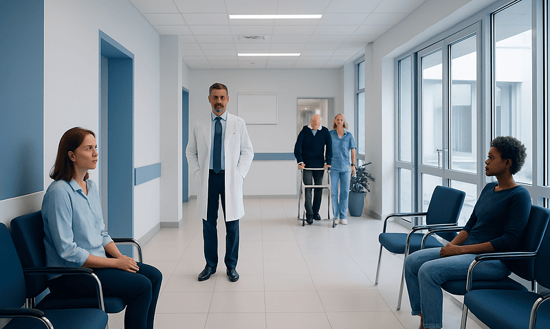 Hospital waiting area with patients and medical staff.