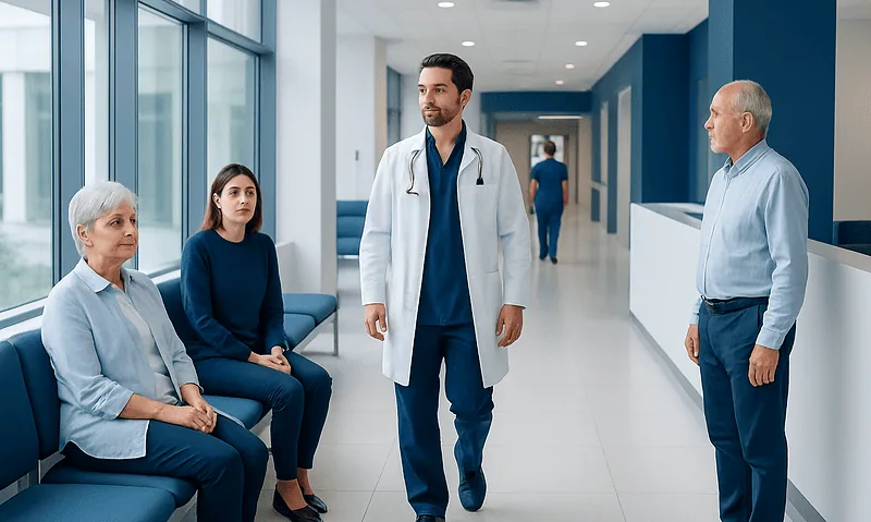 Doctor consulting with elderly and young patients in hospital corridor.