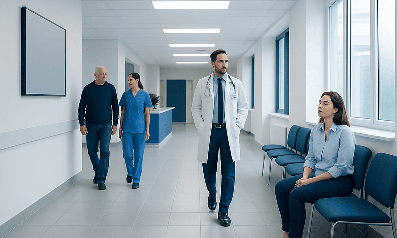 Medical professionals and patient in a hospital corridor at Acibadem Hospitals Group.