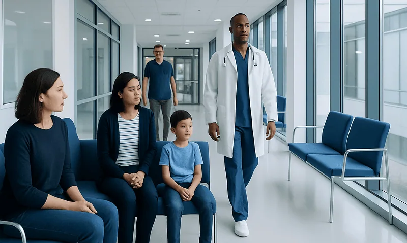 Doctor consulting with a family in a hospital corridor.