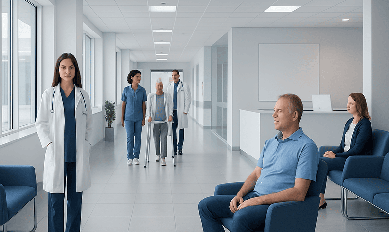 Medical staff and patients in a modern hospital corridor at Acibadem Hospitals Group.