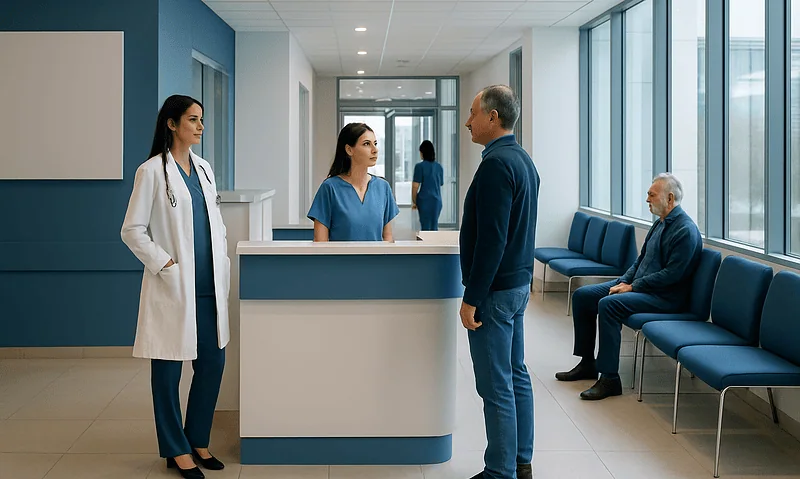 Hospital reception area with medical staff and patient in a modern healthcare facility.
