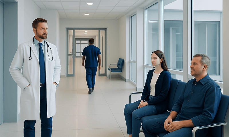 Doctor consulting with patients in a hospital corridor.
