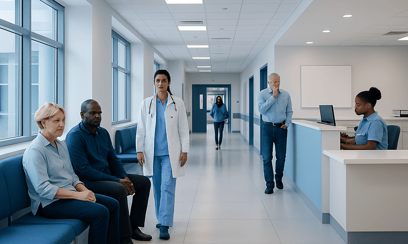 Medical staff and patients in a hospital corridor at Acibadem Hospitals Group.