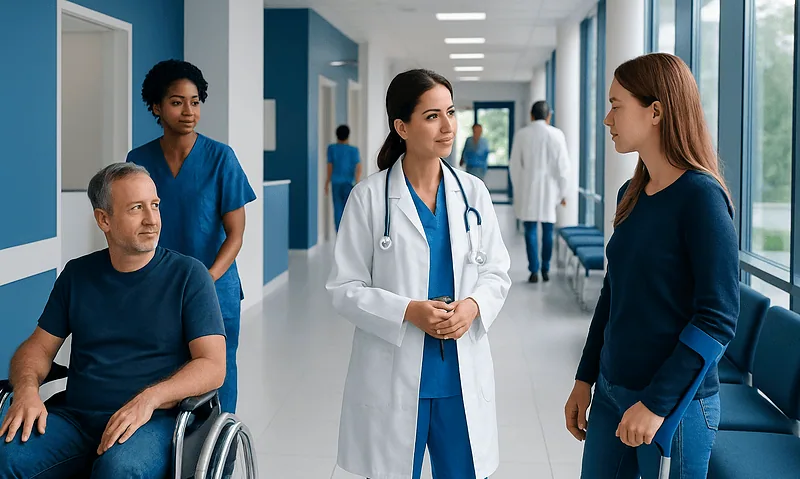 Medical staff consulting with a patient in a hospital corridor.