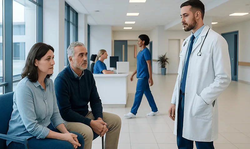Doctor consulting with patients in a hospital corridor.