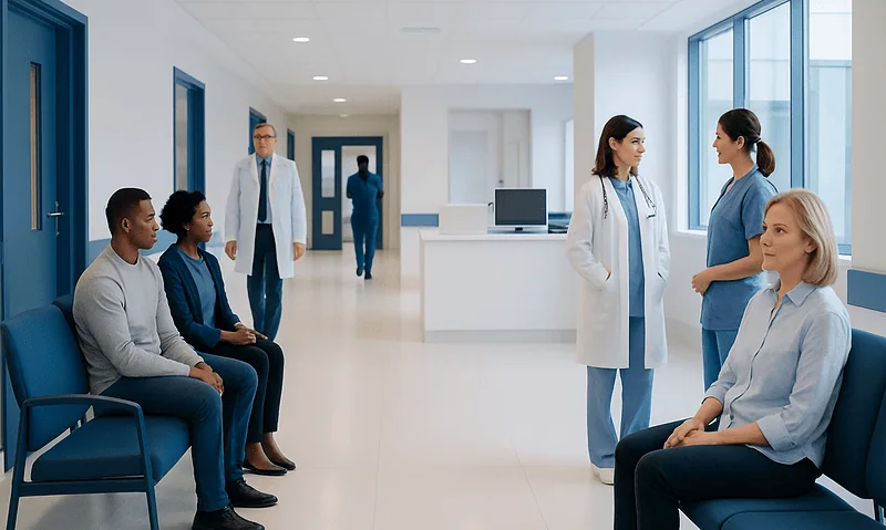 Medical consultation in a hospital corridor with healthcare professionals and patients.