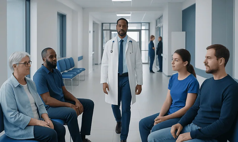 Doctor consulting patients in a hospital corridor with waiting area seats.