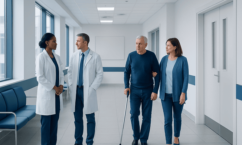 Hospital staff assisting an elderly patient in a modern corridor.
