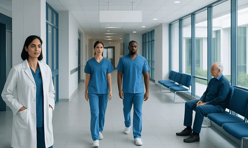 Healthcare professionals walking in hospital corridor with patient sitting nearby.