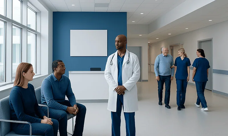 Medical consultation in a modern hospital with healthcare professionals and patients.