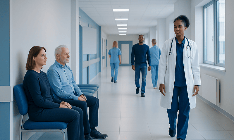 Healthcare professionals and patients in a hospital corridor.