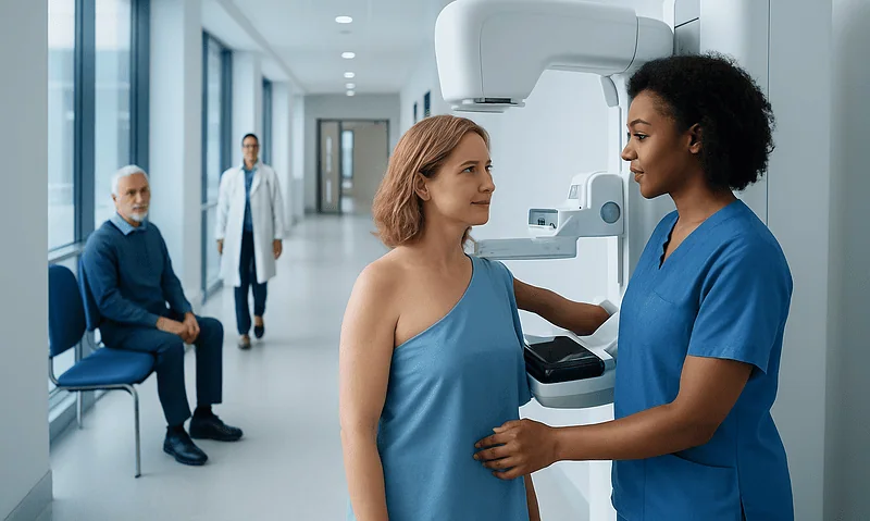 Patient undergoing mammogram with healthcare professional in modern clinic.