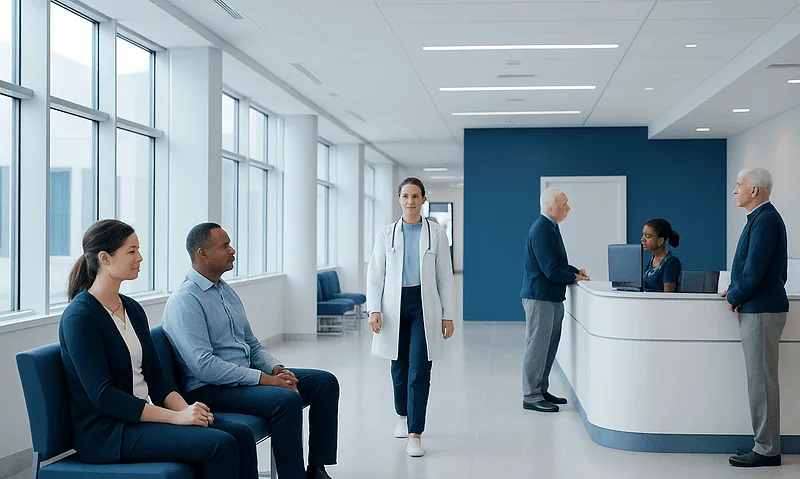 Patients waiting in a modern hospital reception area with medical staff nearby.