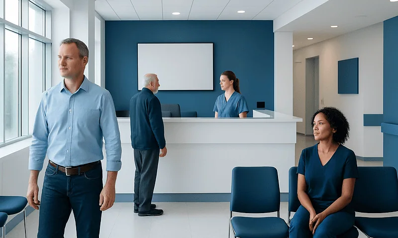 Patients waiting in a modern hospital reception area with healthcare staff present.