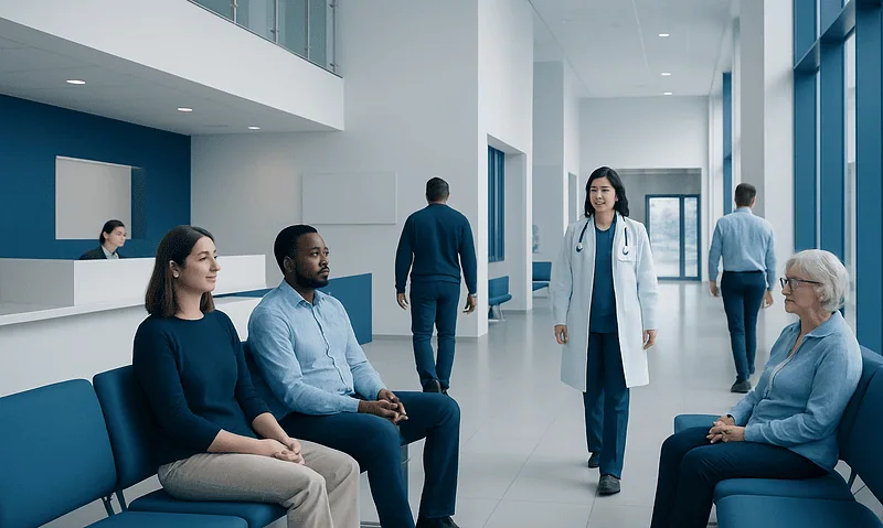 Patients waiting in a modern hospital corridor with medical staff nearby.