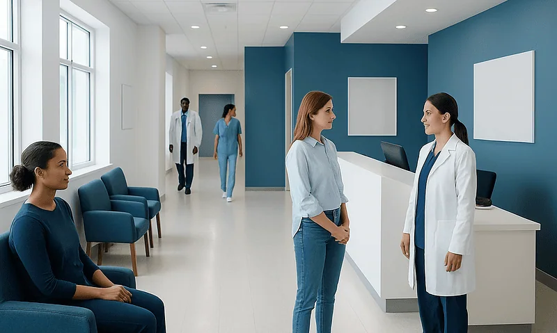 Hospital reception area with staff and patients at Acibadem Hospitals Group.
