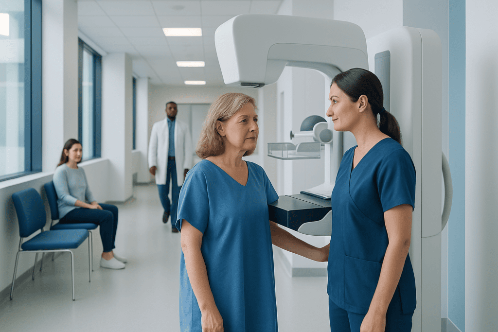 Diagnostic Mammogram: Why It Is Done and What to Expect 1 Patient undergoing mammogram in a modern hospital setting.