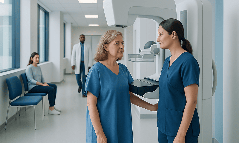 Patient undergoing mammogram in a modern hospital setting.