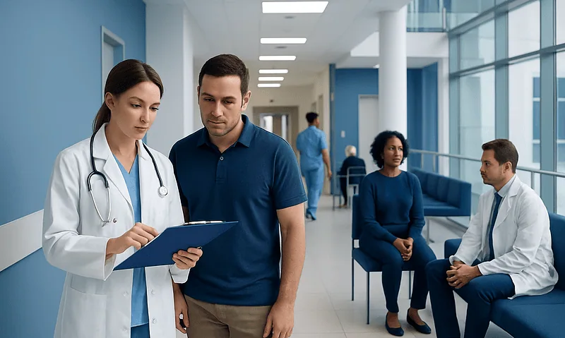 Doctor discussing lab results with a patient in a hospital corridor.