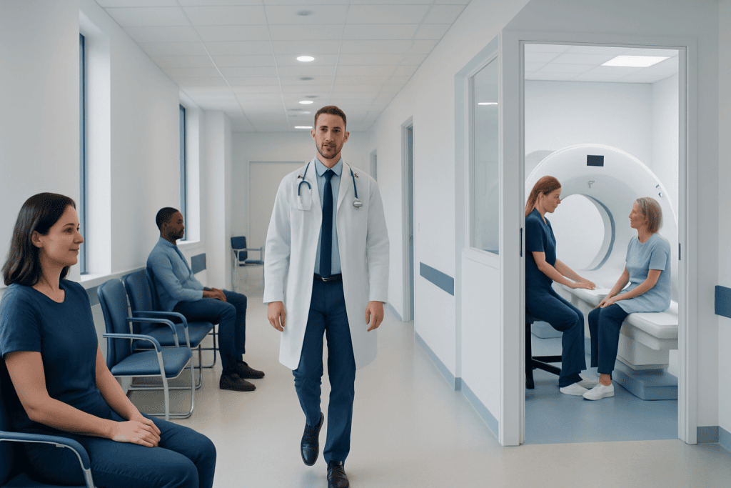 How to Prepare for a Diagnostic Test: Fasting, Medications, and Timing 1 Medical professionals and patients in a hospital waiting area and MRI scan room.