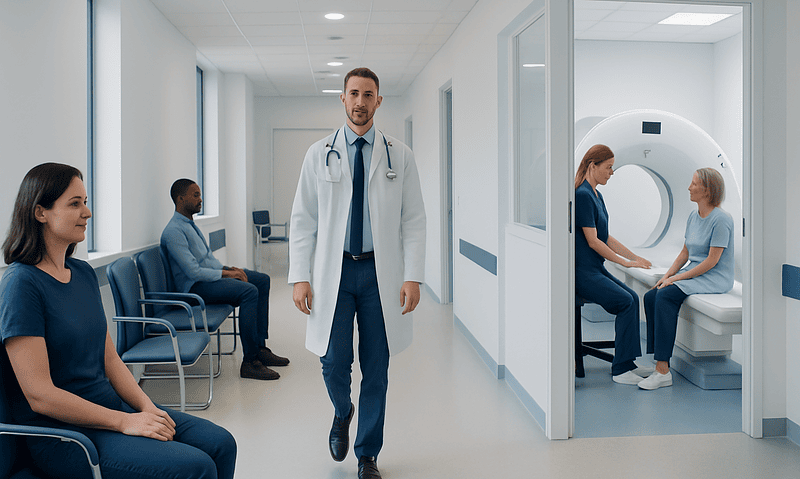 Medical professionals and patients in a hospital waiting area and MRI scan room.