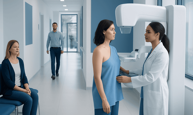 Patient undergoing mammogram in a modern medical facility.