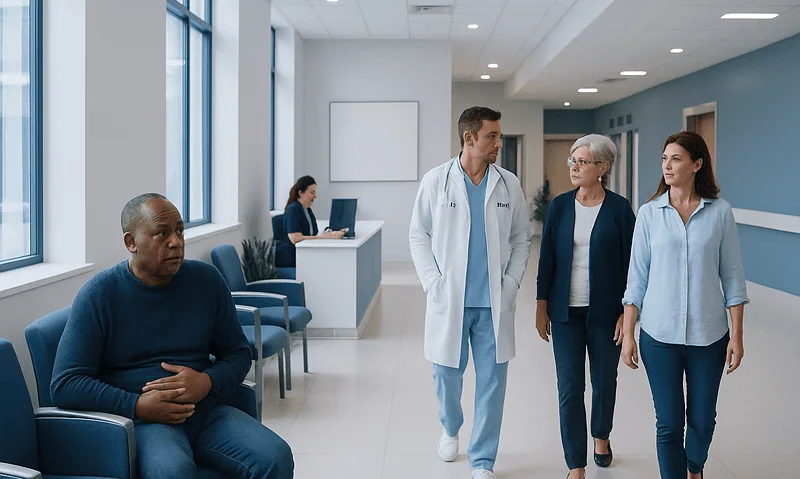 Diabetic Gastroparesis: Nausea, Blood Sugar Links, and Treatment Choices 11 Medical consultation in a hospital corridor with healthcare professionals and patient.