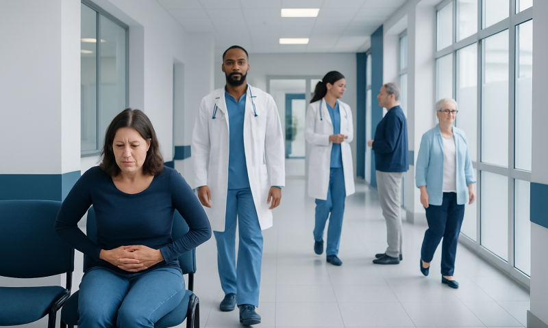 Patient experiencing abdominal pain in hospital corridor with medical staff nearby.
