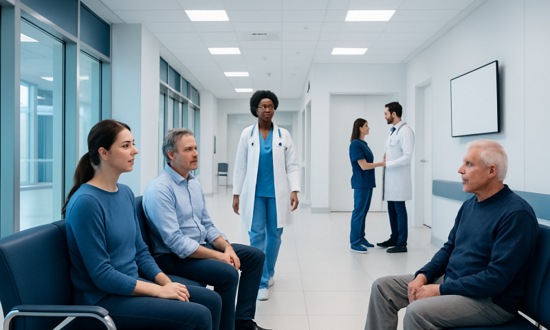 Patients in a hospital waiting area with medical staff consulting.