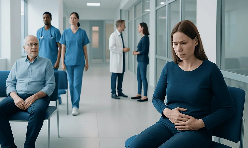 Woman experiencing stomach pain in a hospital waiting area with medical staff nearby.