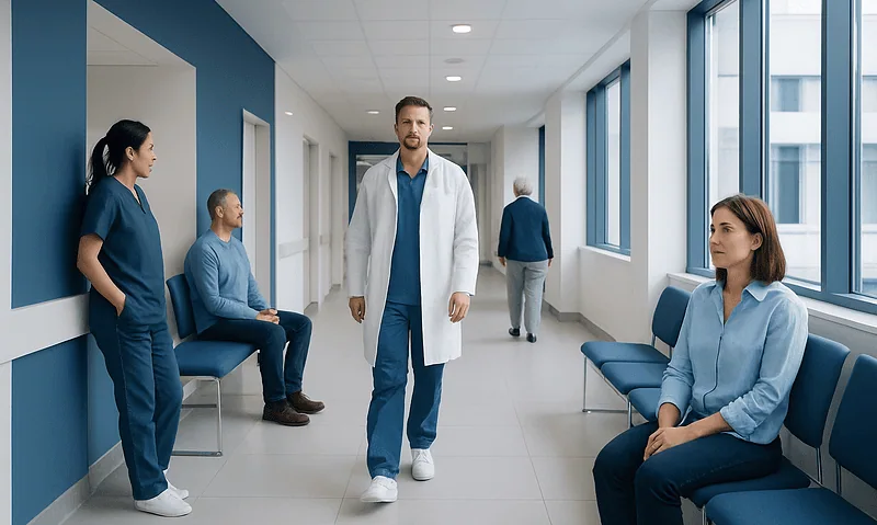 Medical professionals and patients in a hospital corridor at Acibadem Hospitals Group.