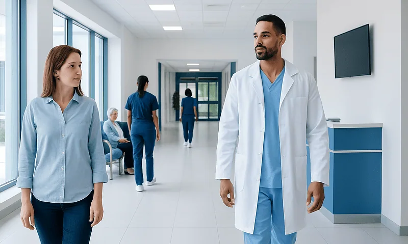 Doctor and patient talking in hospital corridor with staff in background.