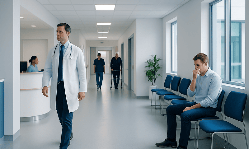 Doctor walking in hospital corridor with patient waiting nearby.