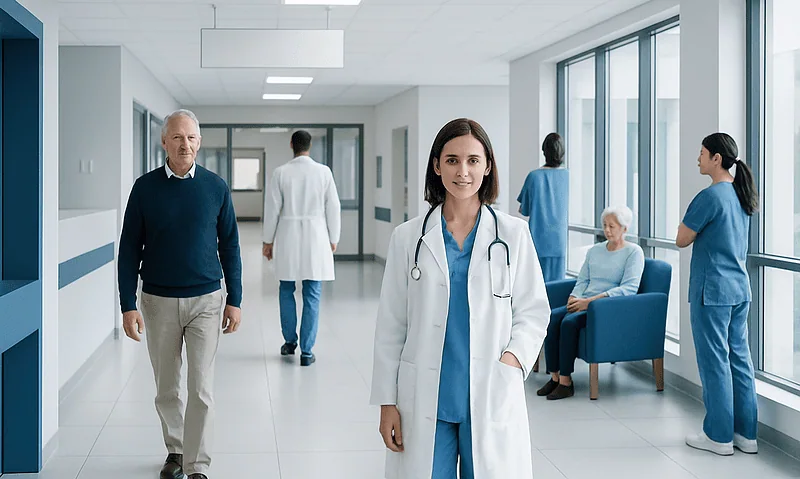 Medical team and patients in a modern hospital corridor.
