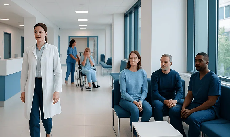 Hospital waiting area with patients and medical staff.