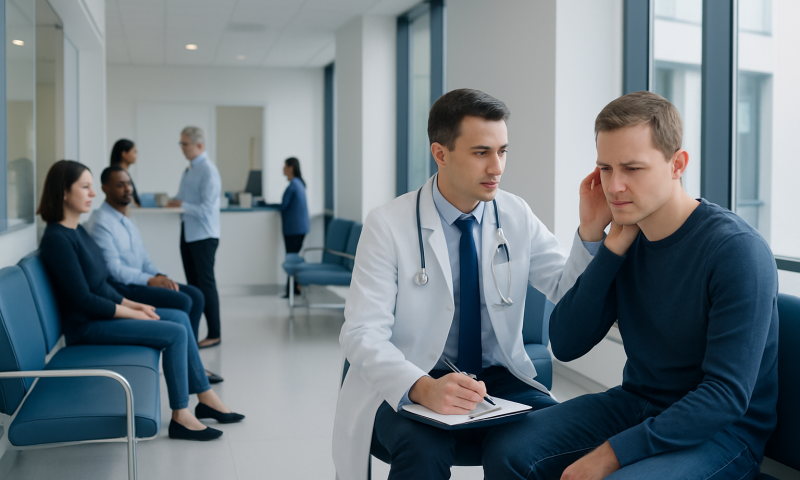 ENT specialist examines patient with ear pain in a modern clinic.