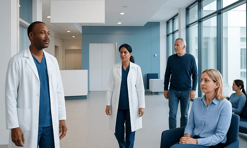 Medical team consulting in a modern hospital lobby with patients.