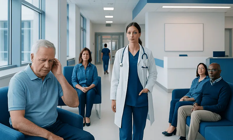 Medical consultation in hospital waiting area with doctor and patients.