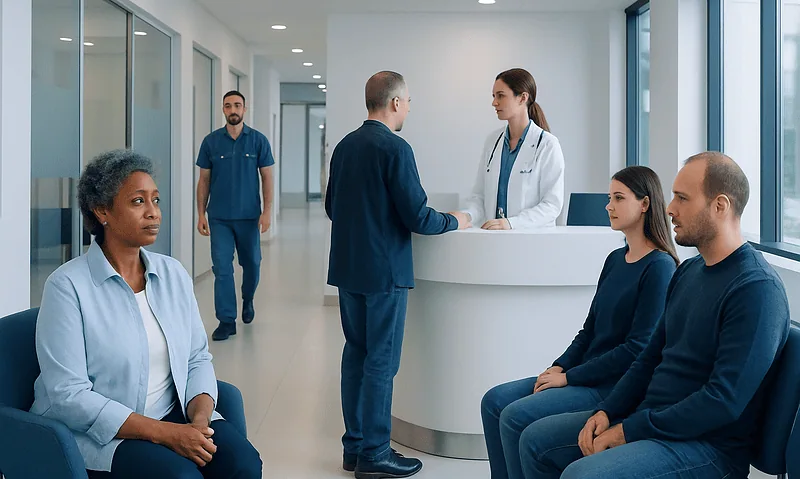 Pancreatic Cancer: Early Symptoms, Diagnosis, and Treatment Planning 11 Patients waiting in a hospital lobby with medical staff at reception desk.