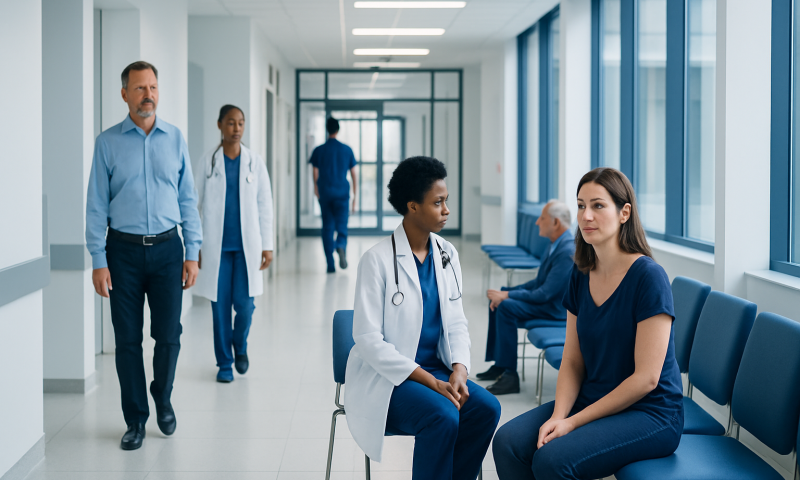 Medical consultation in hospital corridor with healthcare professionals and patient.