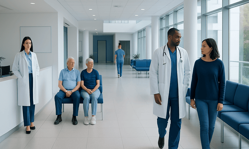 Medical staff and patients in a modern hospital corridor.