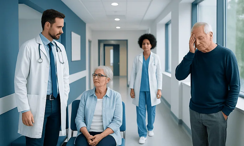 Medical team consulting elderly patient in hospital corridor.